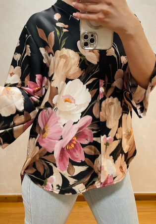 Camasi - Cămașă lejeră din satin cu imprimeu floral – Mărime universală