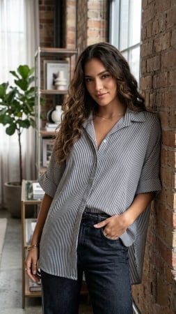 Femei - Camasa dama oversize cu dungi fine