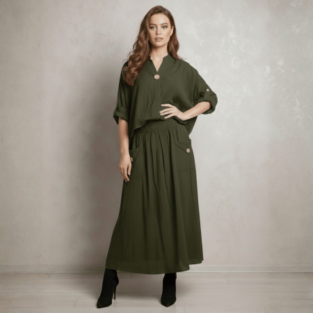 Compleu - Compleu Verde kaki din raiat cu buzunare