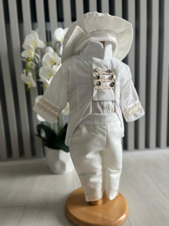 Baieti - Costum de Print cu redingota pentru Botez - Alb