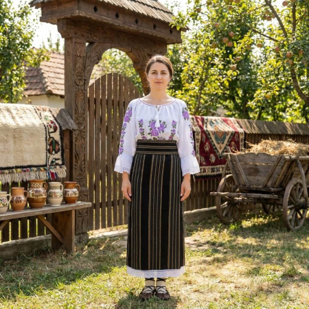 Femei - Costum popular format din catrinta , brau si ie - Trandafira