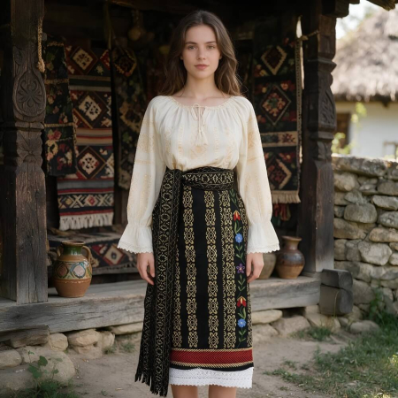 Femei - Costum popular format din catrinta , brau si ie Ramona