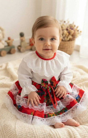 Fetite - Costum Traditional Fetite 0-12 luni Model Alb si Rosu