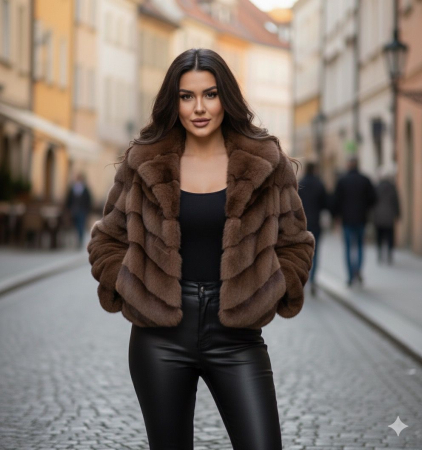 Дамски якета - Късо палто от органична кожа с шарка на райета - Различни цветове