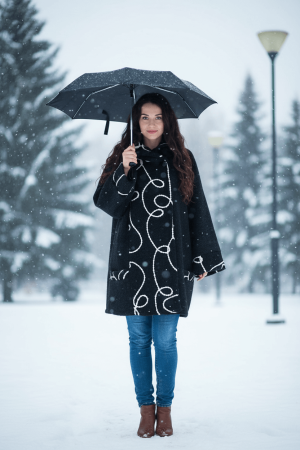 Paltoane - Jacheta calduroasa negru cu model abstract alb – croiala larga si confortabila