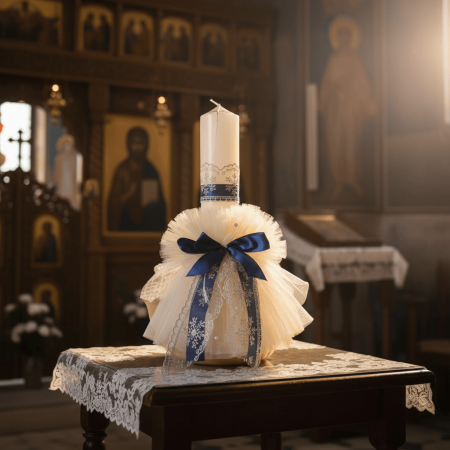 Свещи - Елегантна свещ за кръщене с цветя от слонова кост и дантела