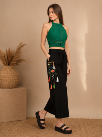 Жени - Pantaloni de vara cu broderie negri