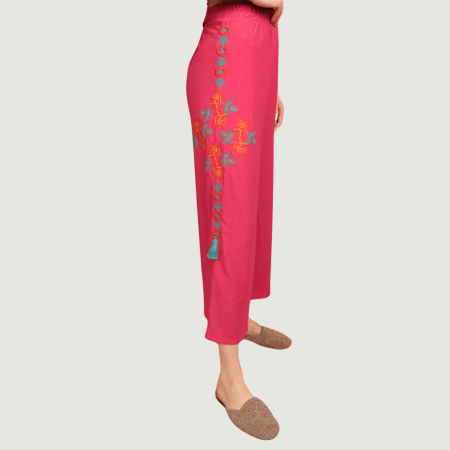 Pantaloni - Pantaloni de vara cu broderie siclam