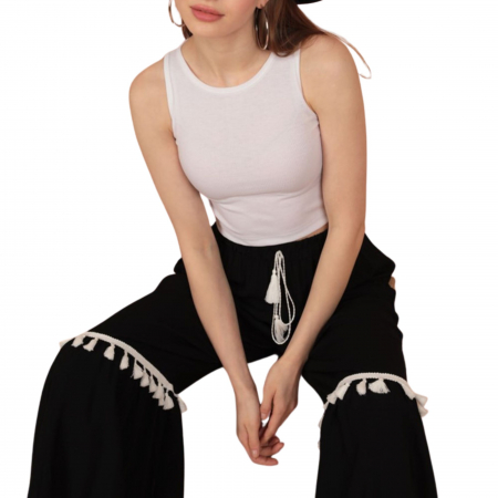 Pantaloni - Pantaloni de vara cu ciucuri - negri