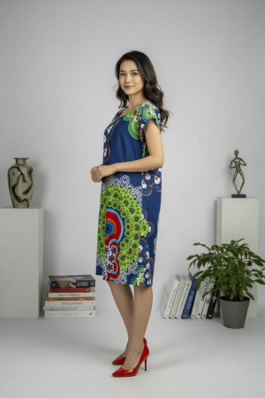 Rochie bleumarin din vâscoză cu imprimeu multicolor [1]