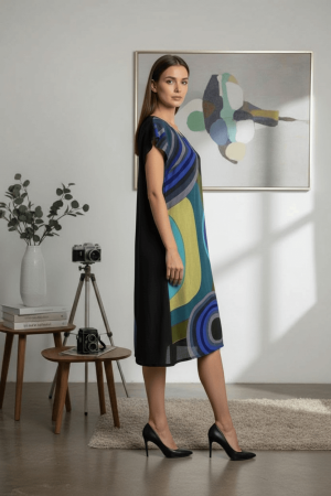 Rochie neagră din vâscoză cu imprimeu abstract [1]
