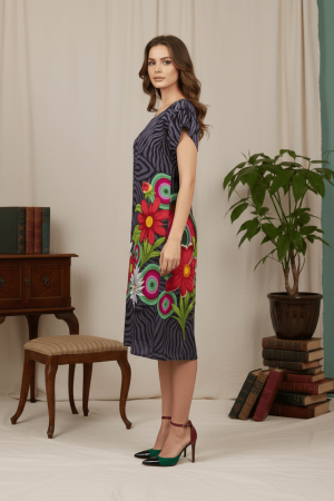 Rochie gri din vâscoză cu imprimeu floral colorat [1]