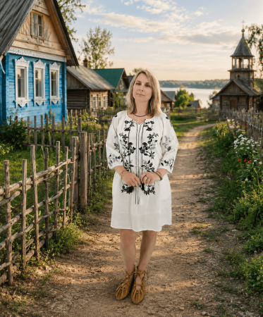 Жени - Бяла дамска рокля с черна бродерия - Албена 3