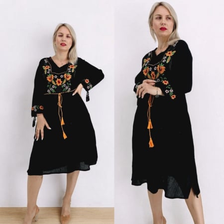 Рокли с бродерия - Rochie Brodata TraditiRochie Dama cu Broderie Galbena -  Melissa