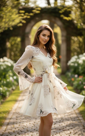 Rochii Elegante - Rochie “Delicate Bloom” cu mâneci bufante și cordon în talie