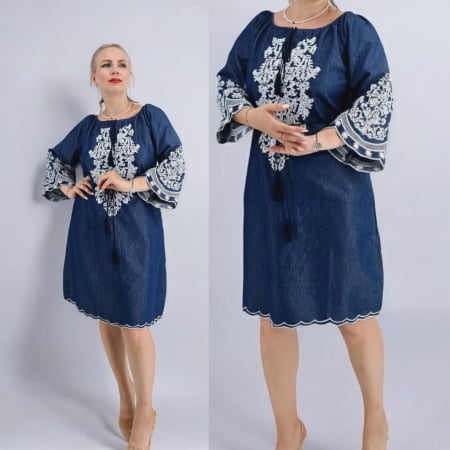 Rochii traditionale - Rochie din Denim cu broderie Zina