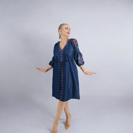 Рокли с бродерия - Rochie din Denim cu broderie Safira