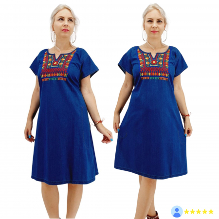 Рокли с бродерия - Rochie din Denim traditionala Sanda 55