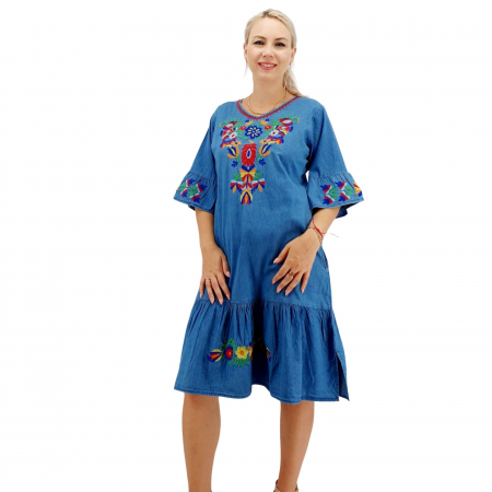 Рокли с бродерия - Rochie din Denim traditionala Sanda 58