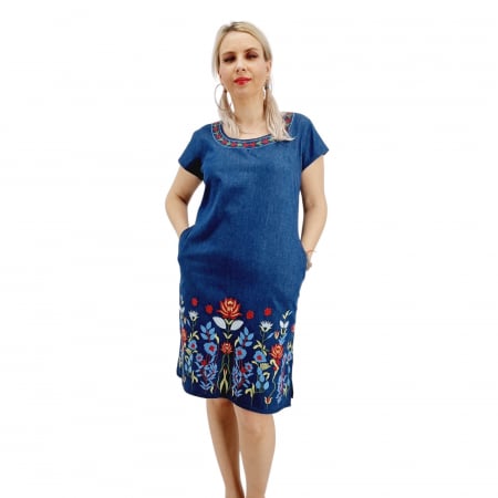 Рокли с бродерия - Rochie din Denim traditionala Sanda 61
