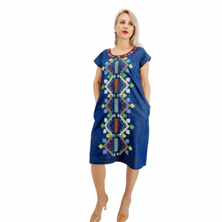 Рокли с бродерия - Rochie din Denim traditionala Sanda 63