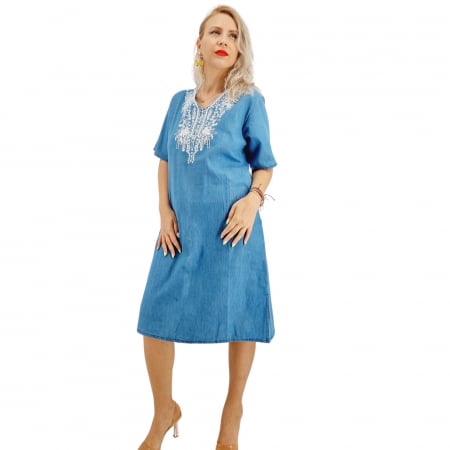 Рокли с бродерия - Rochie din Denim traditionala Sanda 66