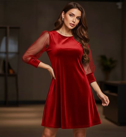 Femei - Rochie din catifea cu mâneci din tulle