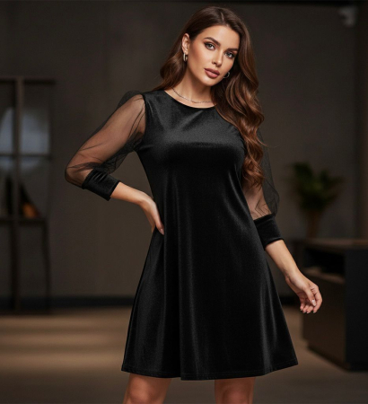 Rochii Elegante - Rochie din catifea cu mâneci din tulle