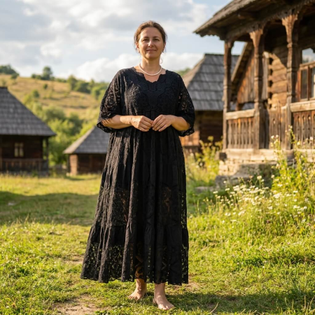 Rochii Elegante - Rochie lunga neagra din dantela si bumbac – model elegant vaporoasa