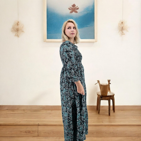 Rochie lungă de vară cu mânecă 3/4 și imprimeu floral abstract [2]