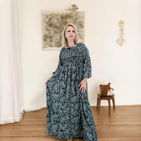 Елегантни рокли - Rochie lungă de vară cu mânecă 3/4 și imprimeu floral abstract