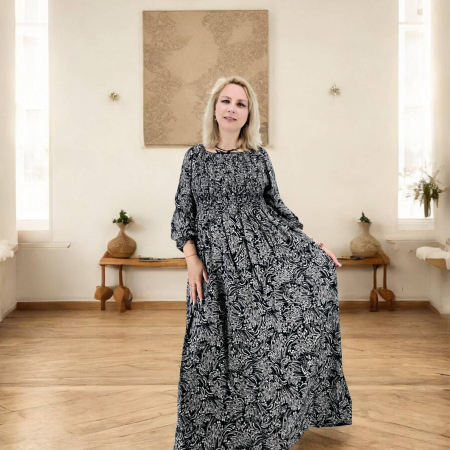 Rochie lungă de vară cu mânecă 3/4 și imprimeu floral abstract [1]