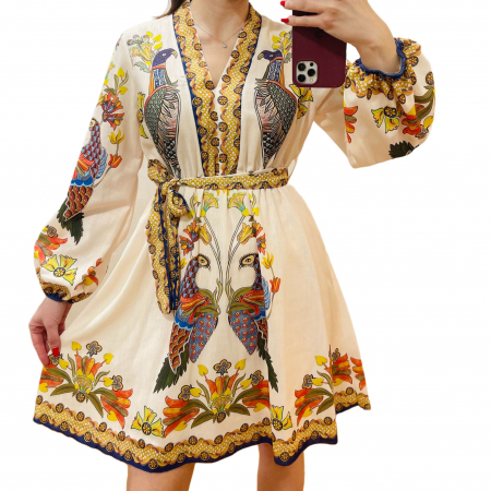 Rochii Elegante - Rochie scurtă cu imprimeu artistic, cordon în talie
