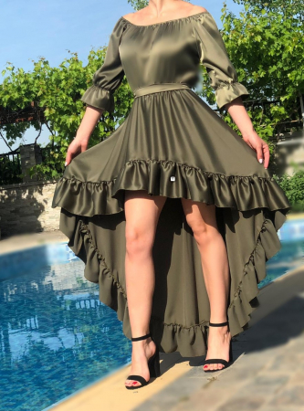 Елегантни рокли - Rochie eleganta asimetrica kaki Neluta