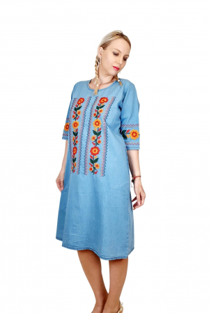 Рокли с бродерия - Rochie Traditionala din denim Sanda 32