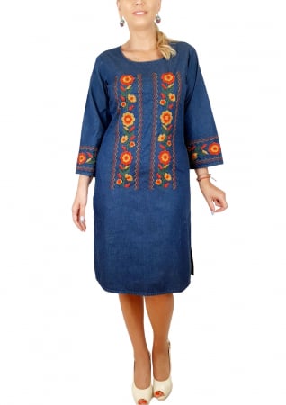 Рокли с бродерия - Rochie Traditionala din denim Sanda 36