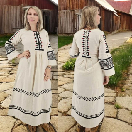 Rochii traditionale - Rochie tradițională Dor de Sat cu broderie neagră și roșie