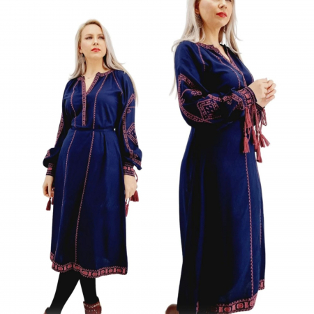 Рокли с бродерия - Rochie Traditionala Lunga cu broderie indigo Matilda