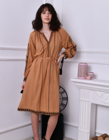 Рокли с бродерия - Rochie Traditionala Lunga cu broderie crem Matilda 3