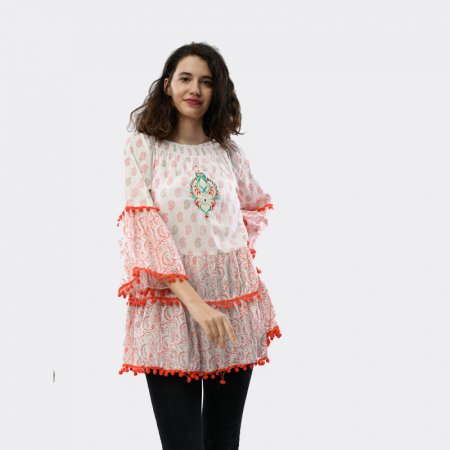 Блузи - Bluza / Rochie tunica brodata cu imprimeu si ciucuri