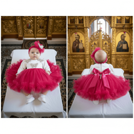 Fetite - Rochita de botez fucsia cu aplicatii argintii si bentita asortata