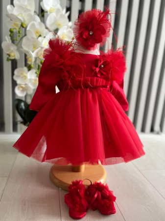 Fetite - Rochita fetite cu tulle cu balerini si bentita - Cataley - rosu