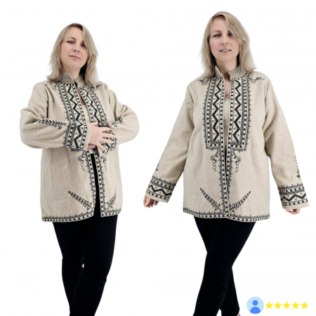 Sacouri - Sacou Traditional Crem cu broderie neagra - Unisex