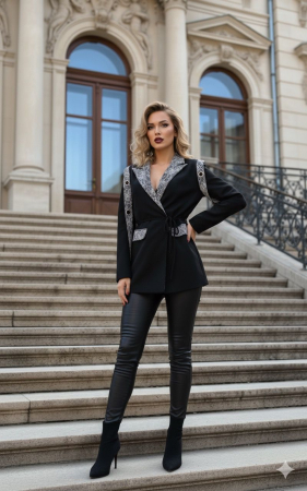 Sacou negru elegant cu inserții din dantelă și cordon [1]