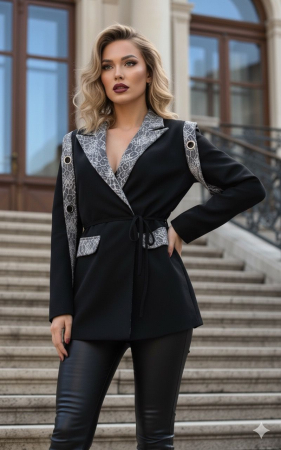 Femei - Sacou negru elegant cu inserții din dantelă și cordon