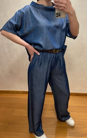 Compleu - Set damă din denim satinat cu paiete discrete – bluză lejeră + pantaloni cu talie elastică