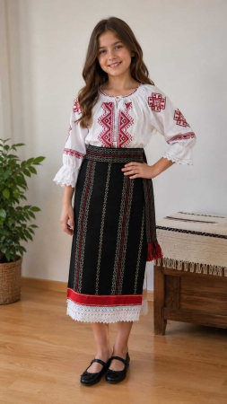 Costume - Set Catrință Tradițională cu Brâu pentru Fetițe - Rosu