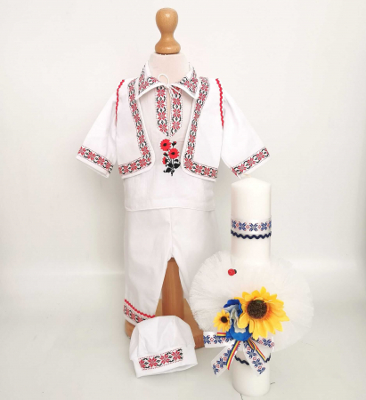 Кръщене - Set Costum National pentru baieti Raul 25: lumanare si costumas