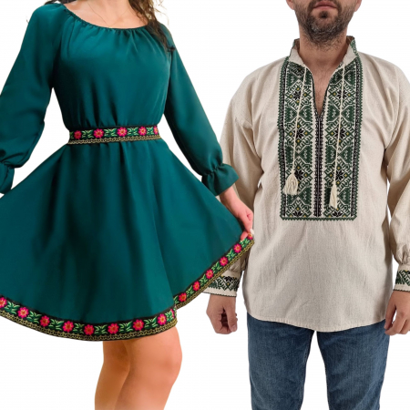 Set cuplu - Set Cuplu 434/ Camasa Traditionala si Rochie Stilizata cu motive traditionale