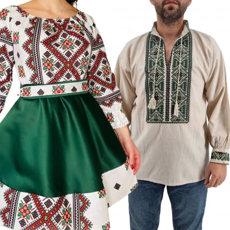 Set cuplu - Set Cuplu 435/ Camasa Traditionala si Rochie Stilizata cu motive traditionale
